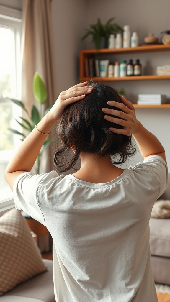 Person massaging their scalp in a cozy living room