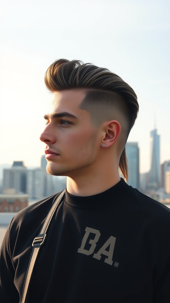 A young man with a stylish mullet comb-over hairstyle, featuring volume on top and shorter sides, set against a city skyline.
