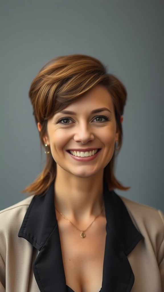 A woman with a stylish mullet hairstyle, smiling confidently.