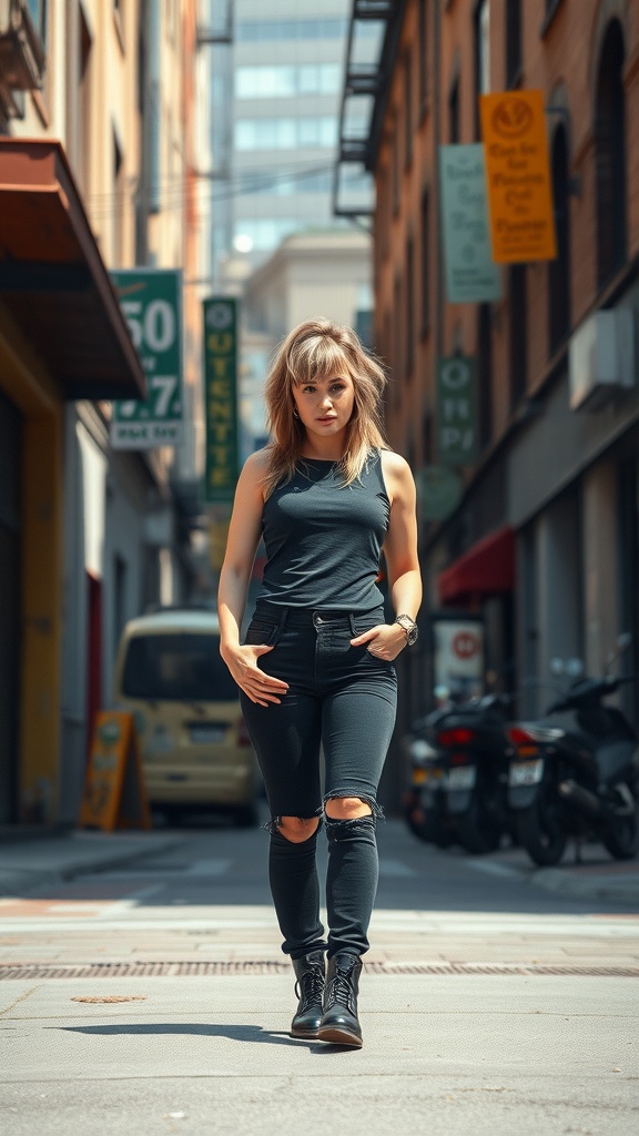 A woman confidently walking in an urban setting, showcasing her stylish mullet hairstyle.