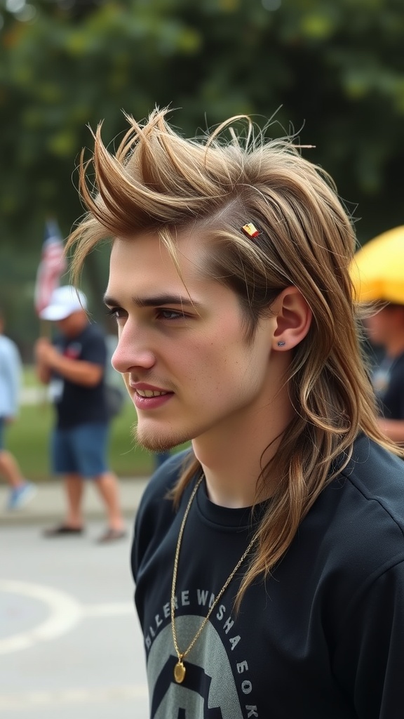 A young man with a modern mullet hairstyle, featuring a stylish hair clip and gold chain, showcasing a trendy look.
