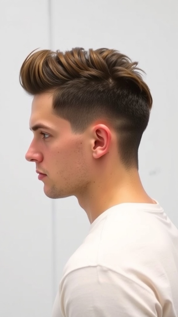 A young man with a stylish mullet hairstyle featuring a fade on the sides.