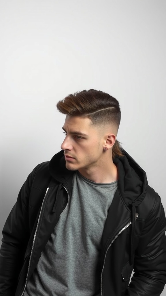 A man with a mullet hairstyle featuring an undercut, styled with volume on top and short sides.