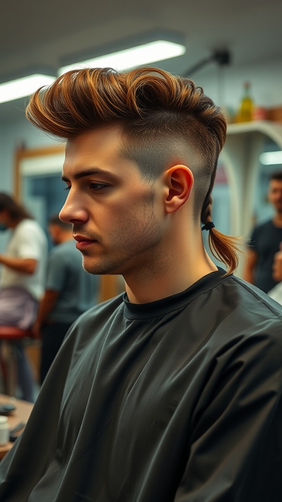 A man with a mullet hairstyle featuring an undercut, showcasing voluminous top hair and clean sides.