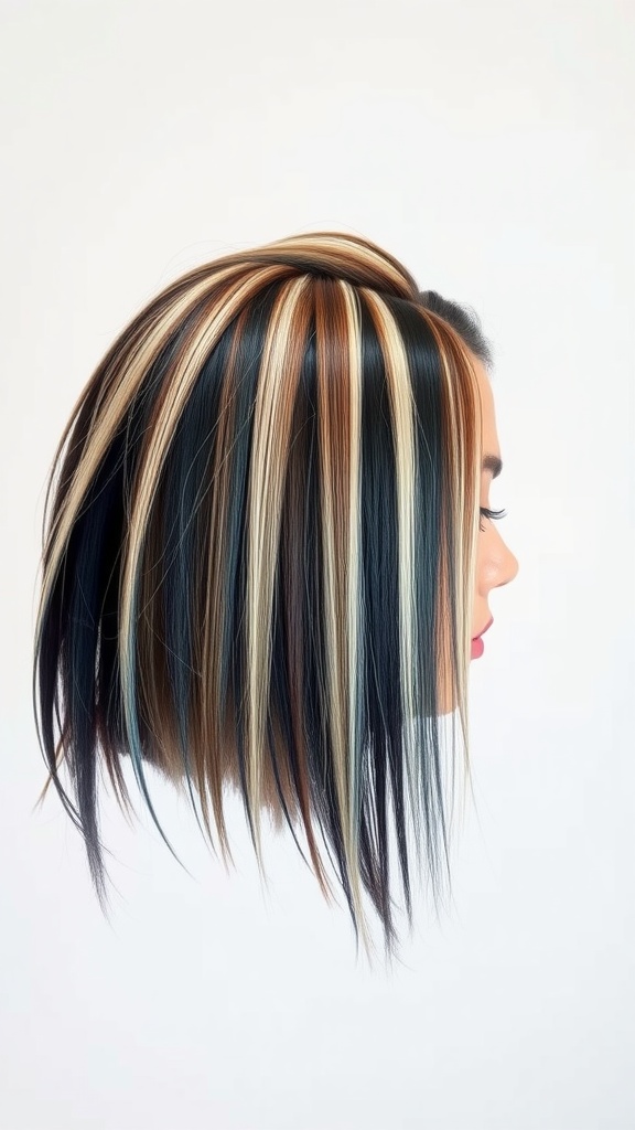 A modern mullet hairstyle featuring multi-dimensional layers with striking color variations