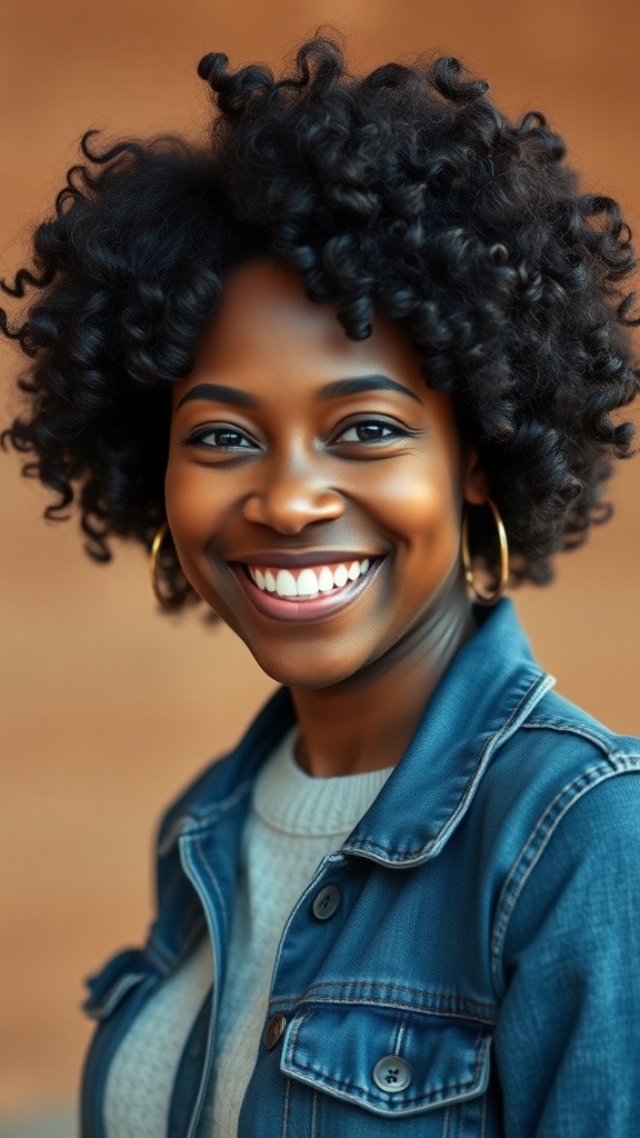 A woman smiling with natural-looking curly hair, wearing a denim jacket and a light sweater.