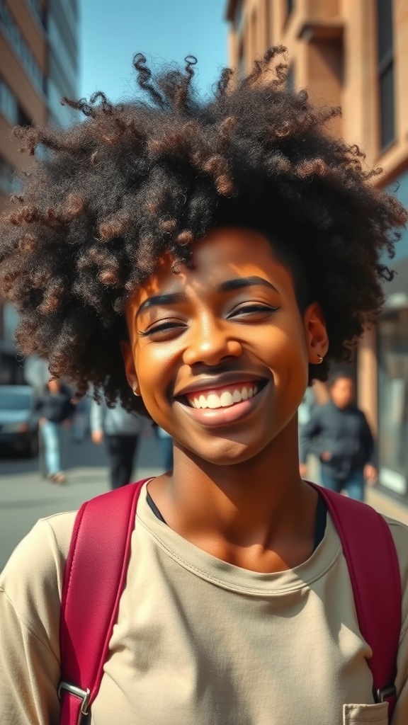 A young person smiling while wearing a natural afro puff hairstyle, with a vibrant city background.