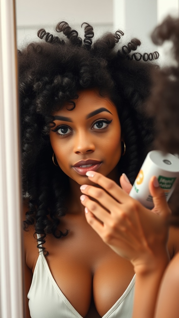 A person with natural curly hair looking in a mirror, applying hair product with defined spirals.