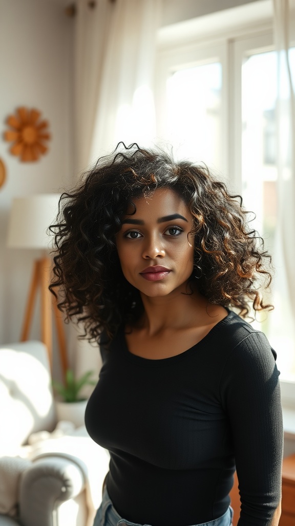 A woman with natural curly hair and defined ends, wearing a black top, posing in a well-lit room.