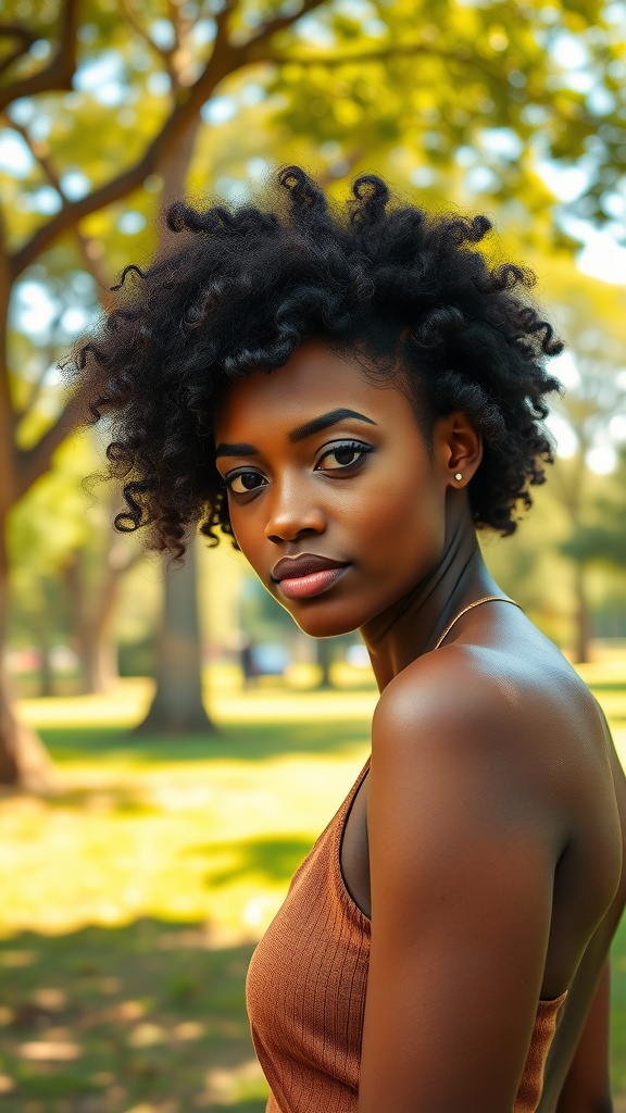 A woman with natural, voluminous curls standing in a park
