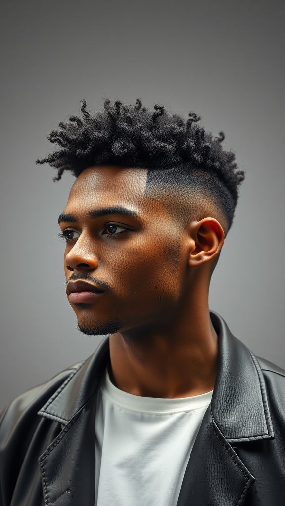 A man with a natural curly taper fade hairstyle, featuring defined curls on top and a clean fade on the sides.