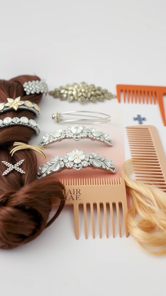 A variety of natural hair accessories, including decorative clips and combs, displayed together.