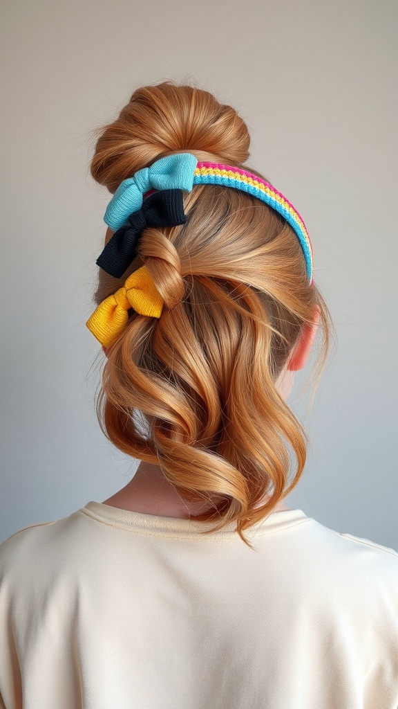 A close-up view of a hairstyle featuring colorful bows and a stylish headband.
