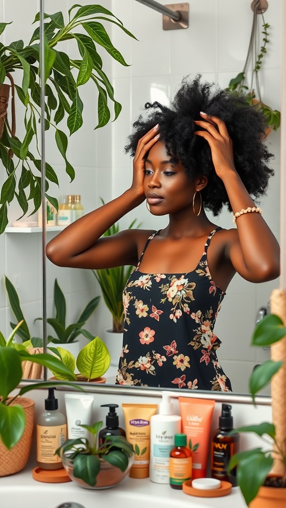 A woman with natural hair stands in front of a mirror, surrounded by hair care products and plants, looking thoughtful about her hair routine.