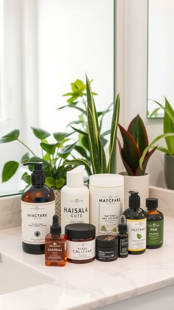 A variety of hair care products arranged on a bathroom counter with plants in the background.