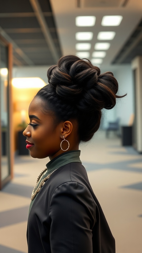 A woman with a natural hair updo, styled elegantly in a professional setting.