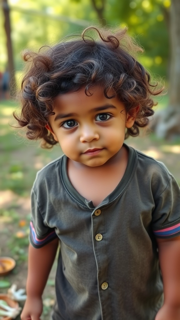 A young child with loose, natural curls smiling outdoors.