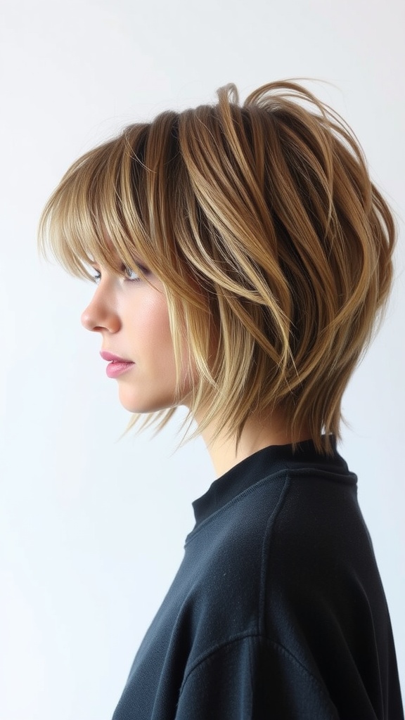 A side profile of a woman showcasing a natural shag haircut with layers and textured ends.