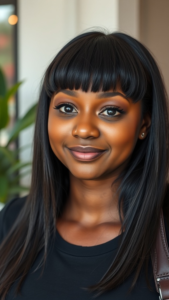 A woman with long, straight black hair and bangs, smiling in a modern indoor setting.
