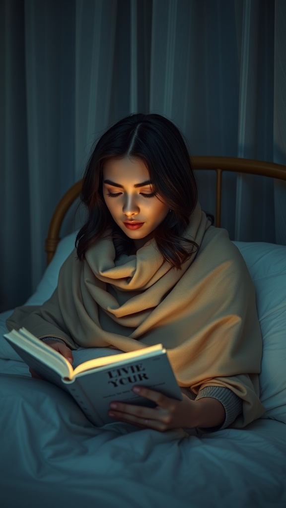 A person reading a book in bed, wrapped in a warm blanket, with a soft glow from a light, creating a cozy nighttime routine.
