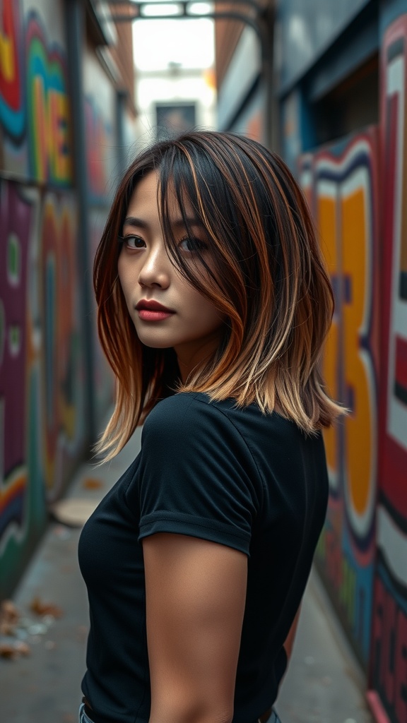 A woman with an ombre long bob hairstyle, featuring a blend of dark to light hair colors, standing in an urban setting with colorful murals.