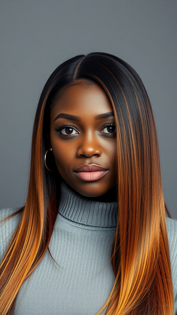 A woman with long, straight ombre hair, showcasing a gradient from dark to light.