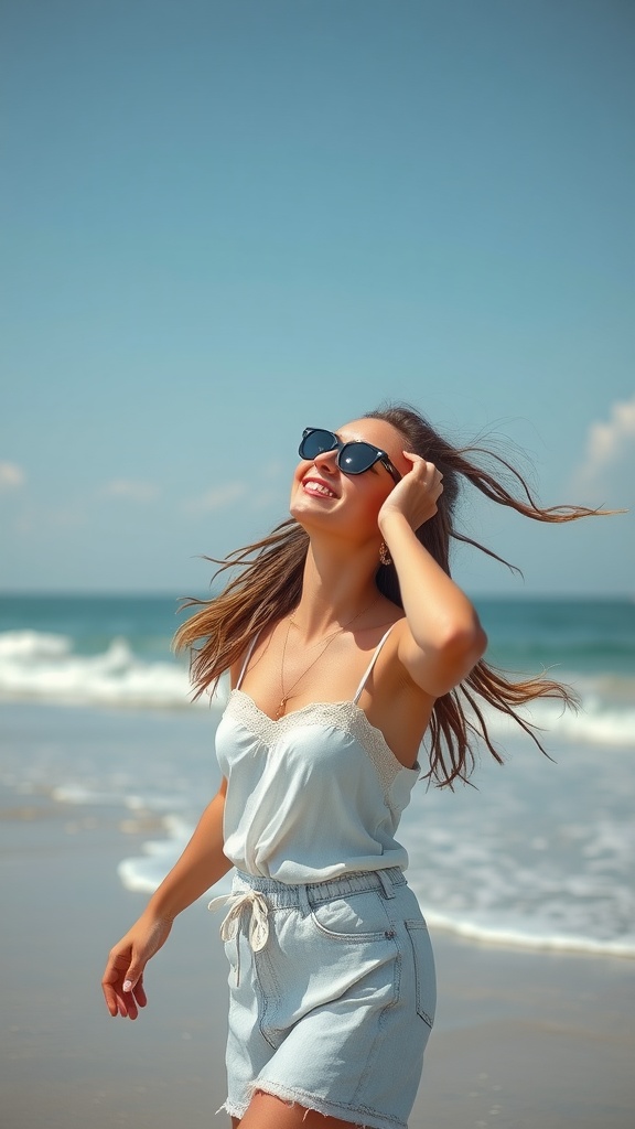 Woman with passion twists hairstyle enjoying a sunny beach day