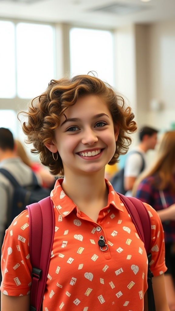 A student with curly hair styled in pin-up fashion smiling in a school setting.
