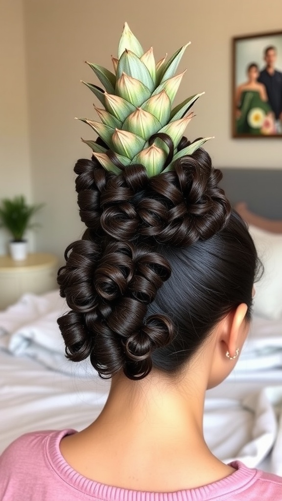 A woman with a pineapple updo hairstyle, featuring curly hair arranged in a bun with a pineapple on top.