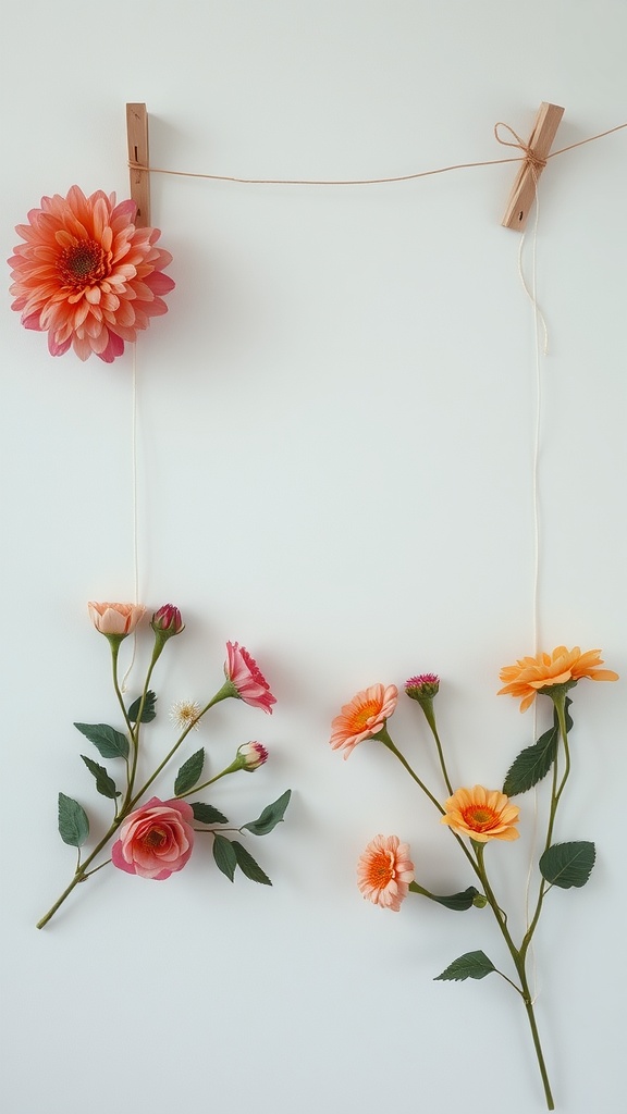 A collection of colorful artificial flowers arranged on a string, showcasing floral accents.