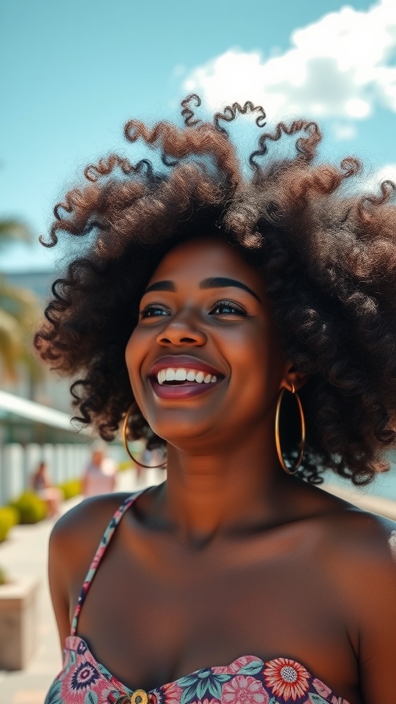 A woman with vibrant afro curly hair smiling brightly outdoors.