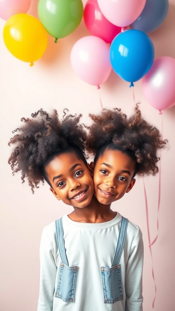 Two girls with matching afro puffs smiling in front of colorful balloons