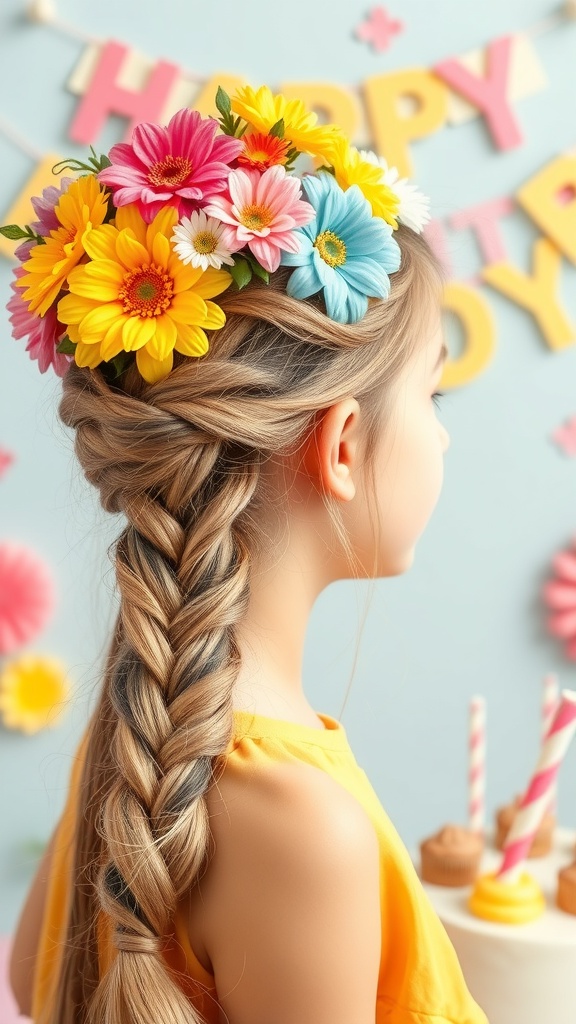 A girl with a braided crown hairstyle decorated with colorful flowers, celebrating her birthday.