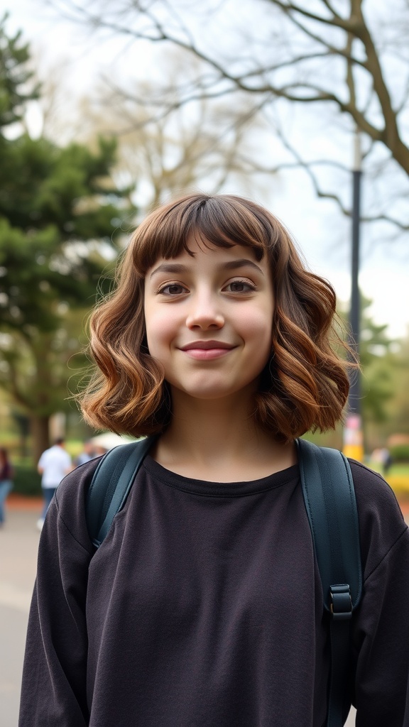 A young girl with a curly bob hairstyle and baby bangs, smiling in a park.