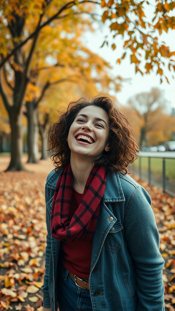 A woman with short curly layers smiling in an autumn park, dressed in a denim jacket and scarf.