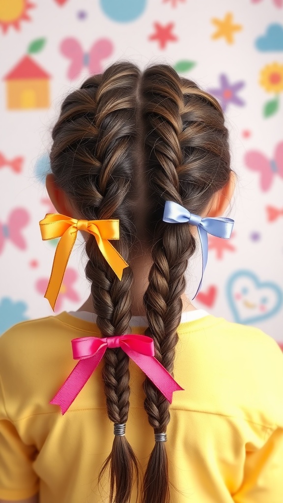 Two Dutch braids with colorful ribbons in a playful hairstyle.
