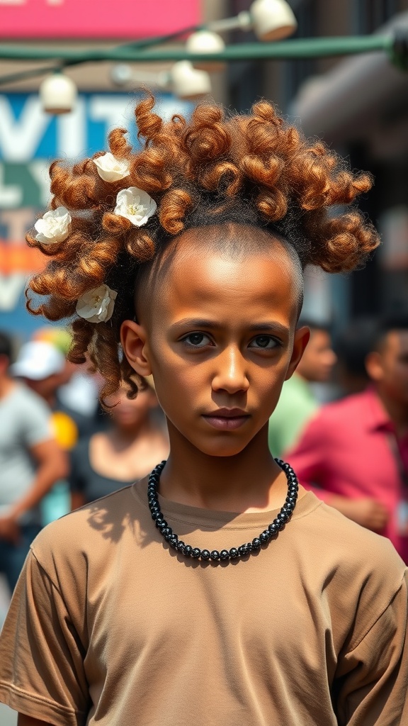 A young person with a playful Frohawk hairstyle, featuring tightly curled hair accented with flowers.