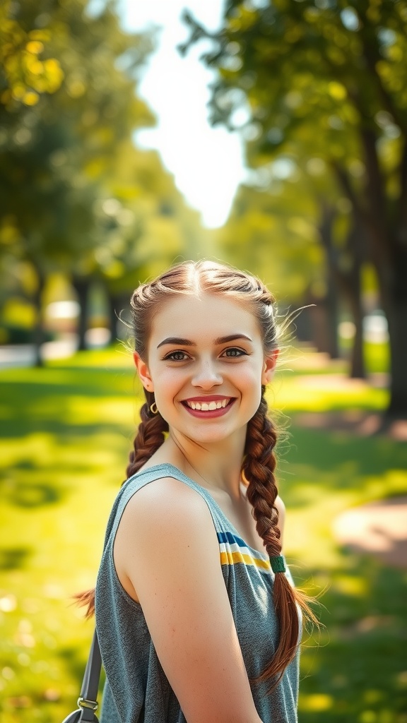 A young woman with two playful braids, smiling in a sunny park setting.
