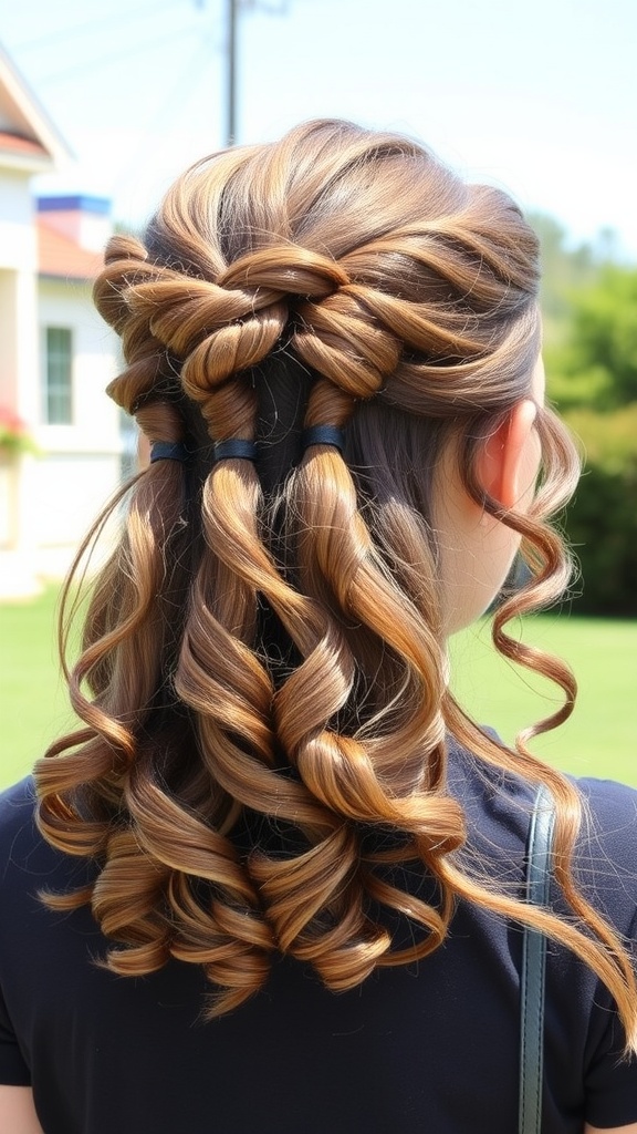A playful half-up curly hairstyle showcasing a twist at the back with cascading curls.