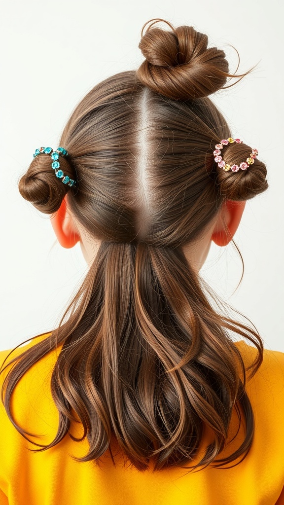 A girl with playful half-up space buns, featuring colorful hair clips and flowing waves.