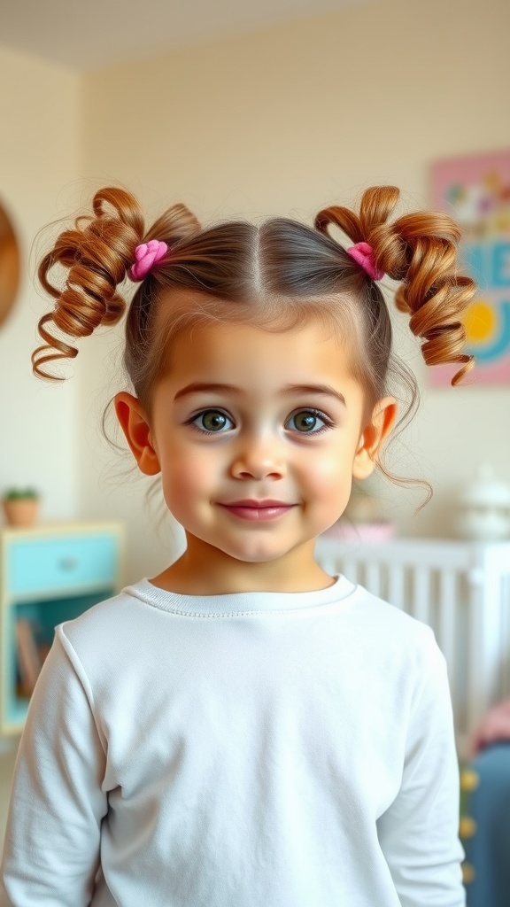 A young child with curly hair styled in playful pigtails, wearing a white shirt and pink hair ties.