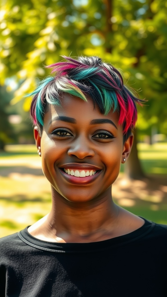 A woman with a playful pixie cut featuring vibrant blue and pink highlights, smiling outdoors.