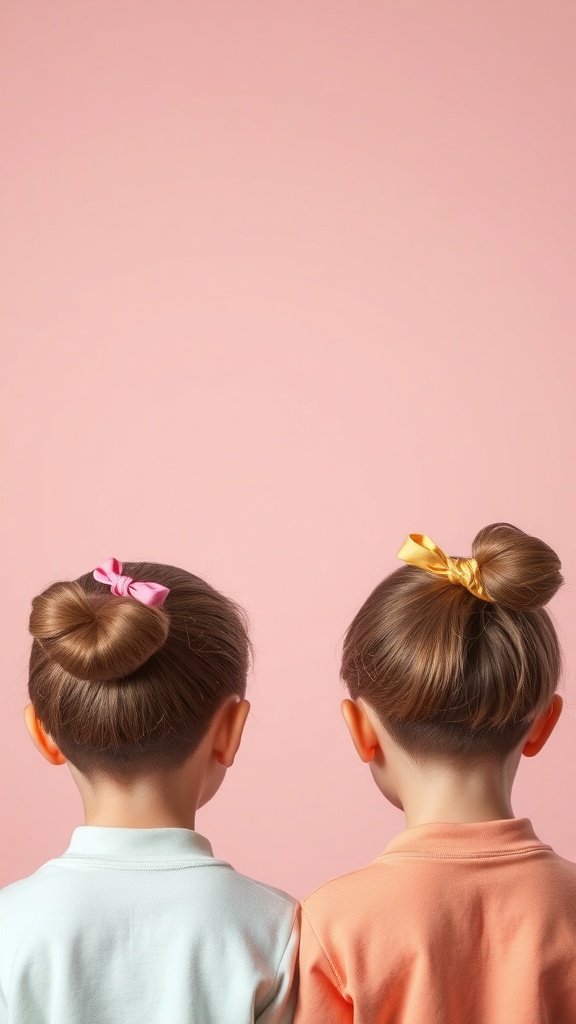 Two children with short hair styled in buns, one with a pink ribbon and the other with a yellow ribbon, against a pink background.