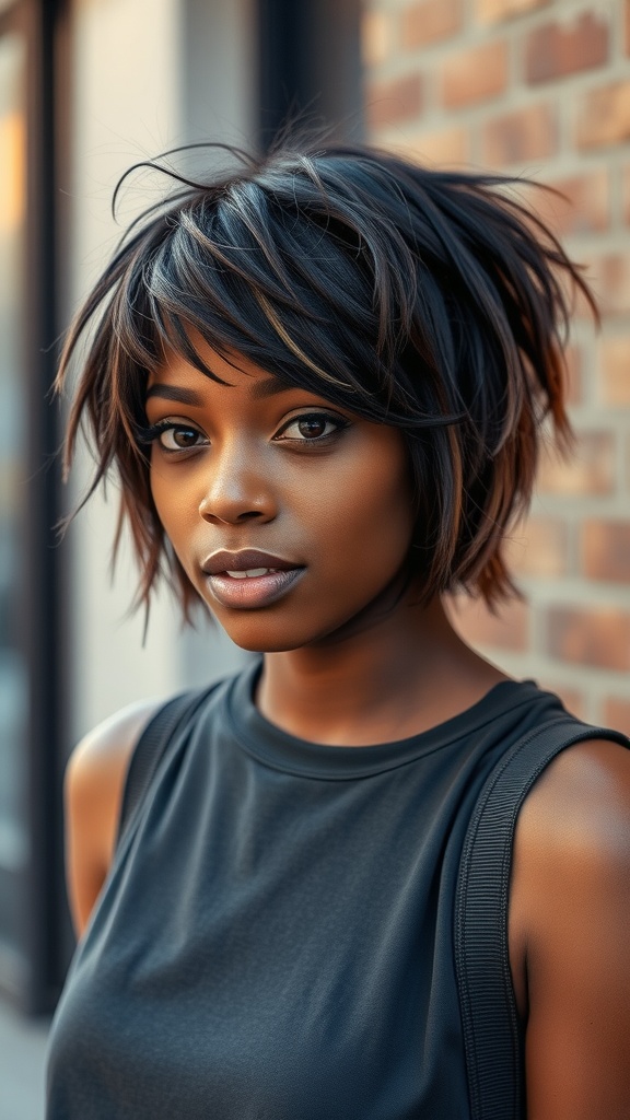 A woman with a shaggy bob hairstyle, showcasing layers and highlights.
