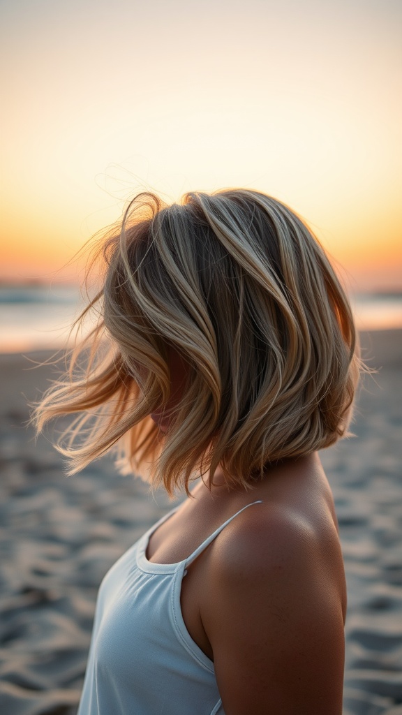 A woman with a playful wavy bob hairstyle and highlights, standing on the beach during sunset.