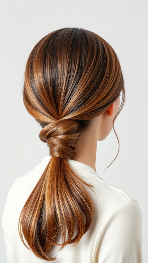 A polished low ponytail hairstyle for medium-length hair, featuring smooth, shiny strands and a twisted section at the base.