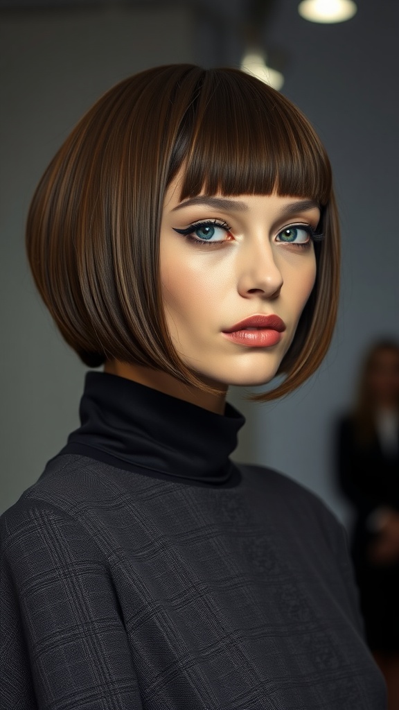 A woman with a polished sleek bob hairstyle and side part, wearing a dark turtleneck.