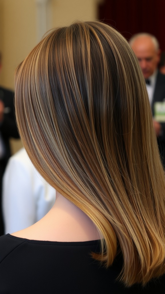 A close-up view of polished straight hair with warm highlights, showcasing volume and shine.