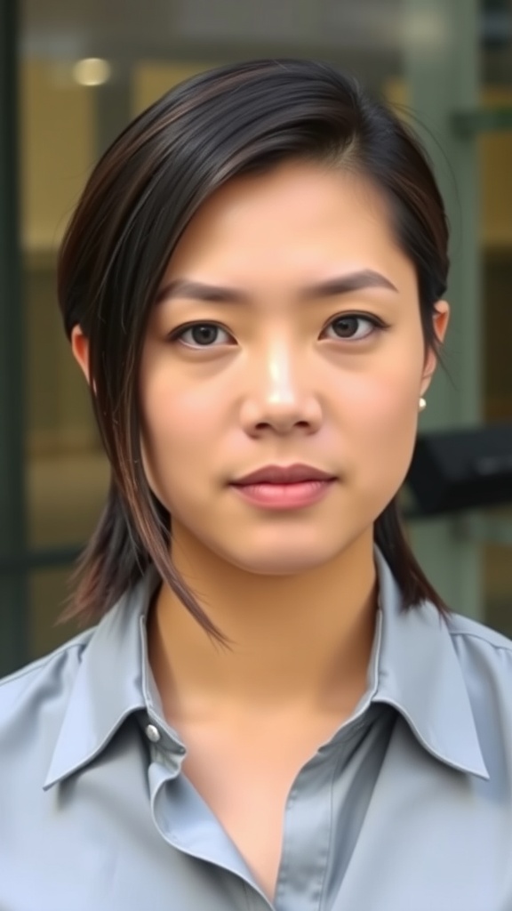 A woman with polished straight mullet hairstyle wearing a gray shirt