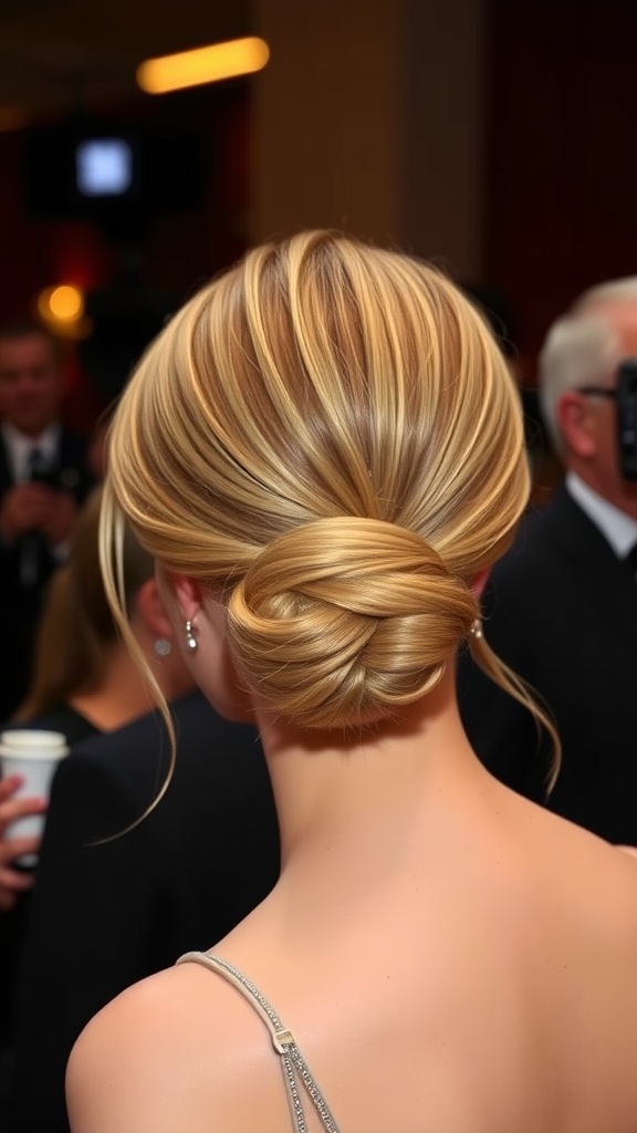 A polished straight updo hairstyle featuring a smooth bun with loose strands.